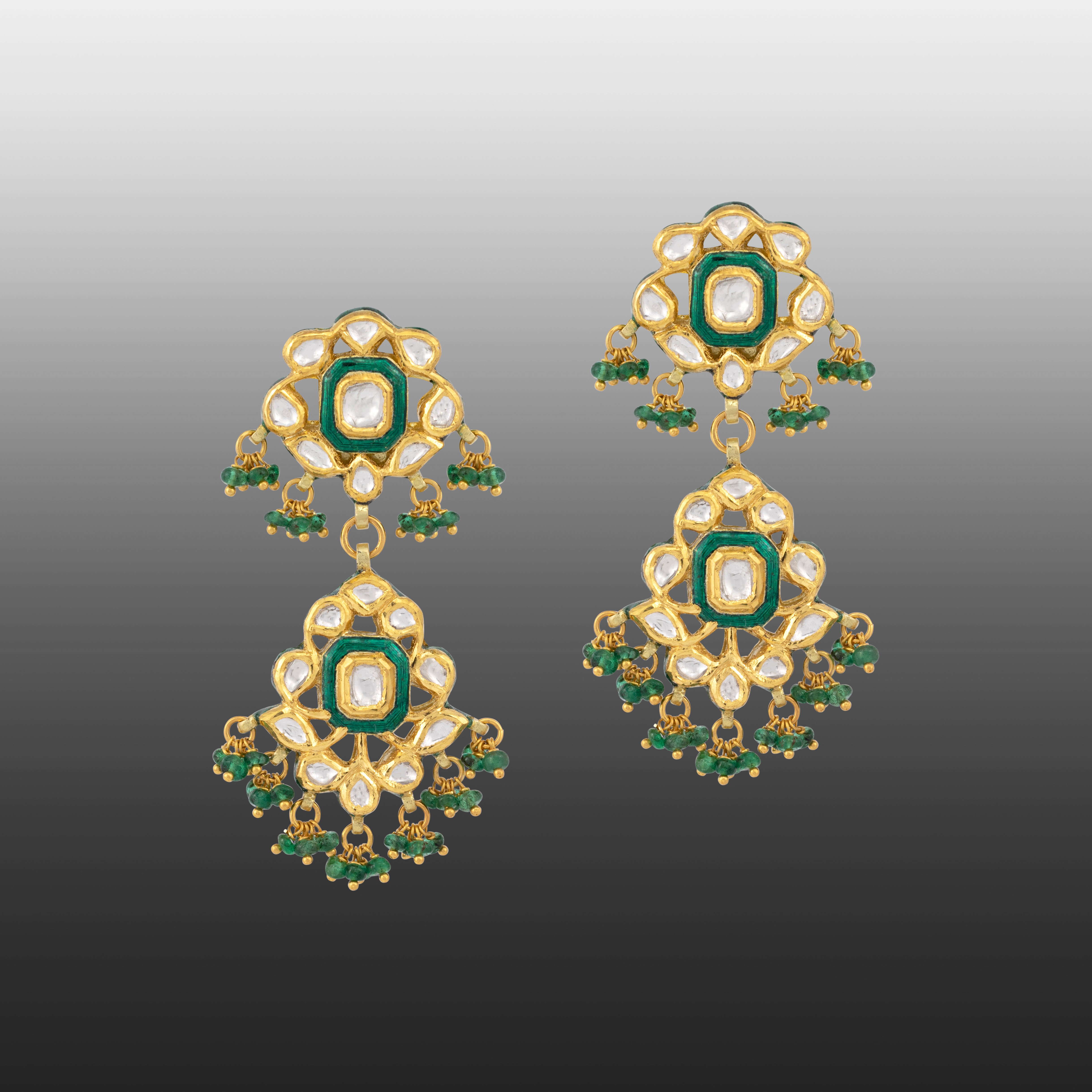 Double-Tier Polki Earrings with Green Meenakari